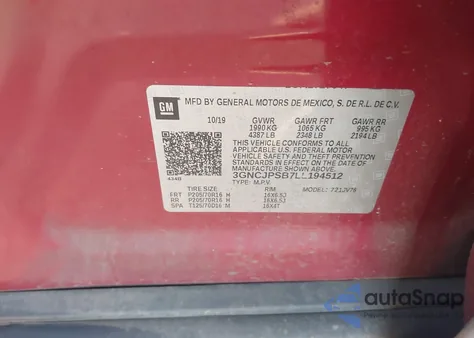 2020 Chevrolet Trax Awd Lt z USA, uszkodzony, nr VIN 3GNCJPSB7LL194512